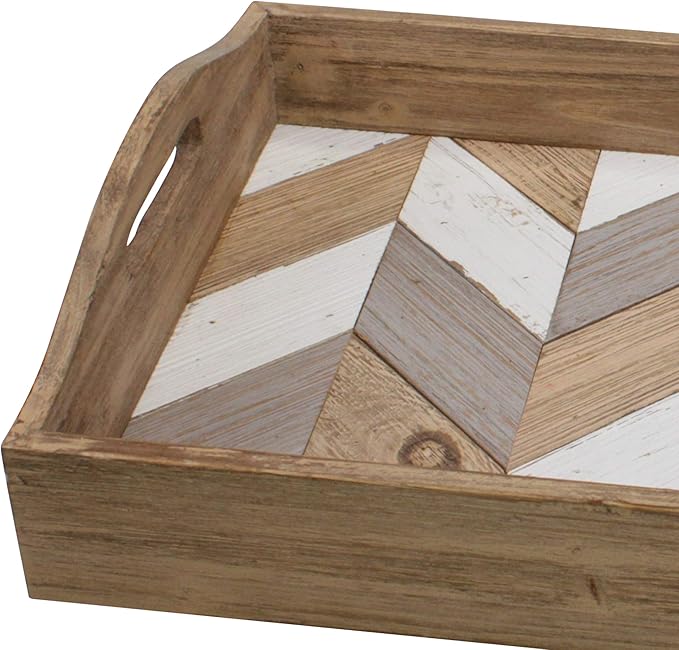 Stonebriar Decorative Rectangle Multicolor Chevron Wood Tray with Handles, 18" x 12"