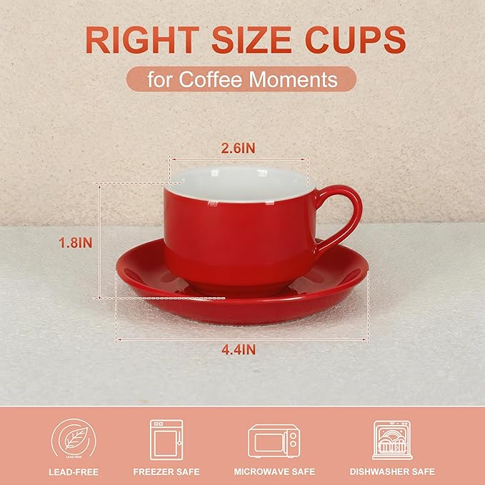 3 Ounce Espresso Cups Set of 4, Stackable Demitasse Mugs, Includes Display Stand, Cups Saucers, and Spoons, for Machines & Home Use, Red, Gold Tone