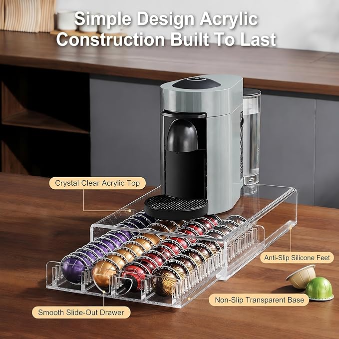 BLACKSMITH FAMILY Coffee Pod Drawer Organizer for Nespresso Vertuo Pods,Acrylic Coffee Pod Holder Holds 40 Large or 60 Small Capsules,Pull-Out Drawer with Anti-Slip Base for Countertop（Crystal-Clear)