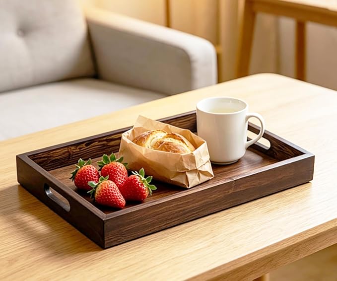 Serving Tray with Handles, 13" x 8.7" Bamboo Tray | Serving Platter for Coffee Table, Tray for Bed, Couch, Ottoman, Kitchen Counter, Rustic Home Decor & Entertaining Essentials