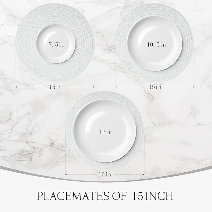 Placemats Set of 4-Heat Resistant Washable Table Mats for Dining Table,Round Braided Place Mats,15 inch White