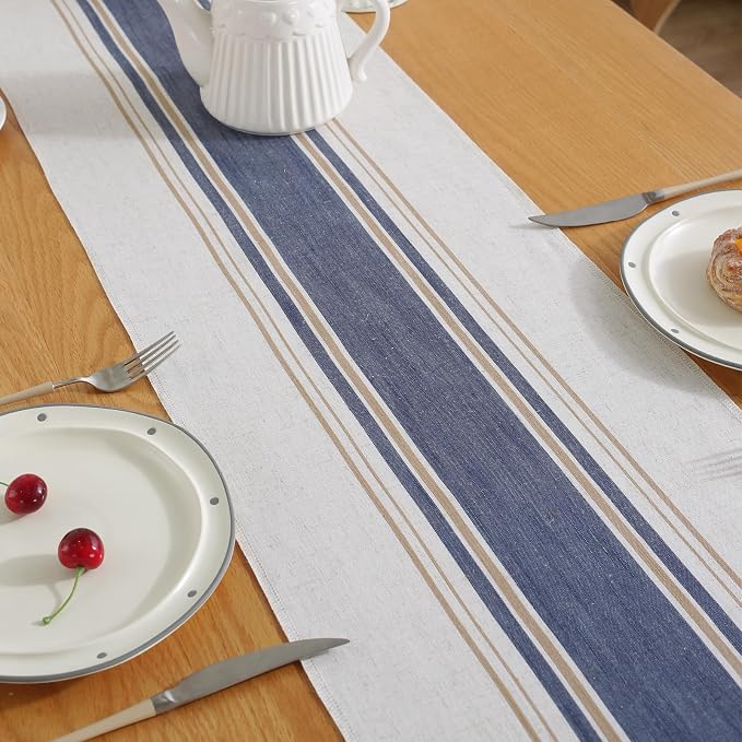 Niviy Blue Table Runner 48 Inches Long with Tassels, Seasonal Summer Washable Embroidered Striped Braided Blue and White Boho Table Runners for Holiday Party 12 x 48 Inches