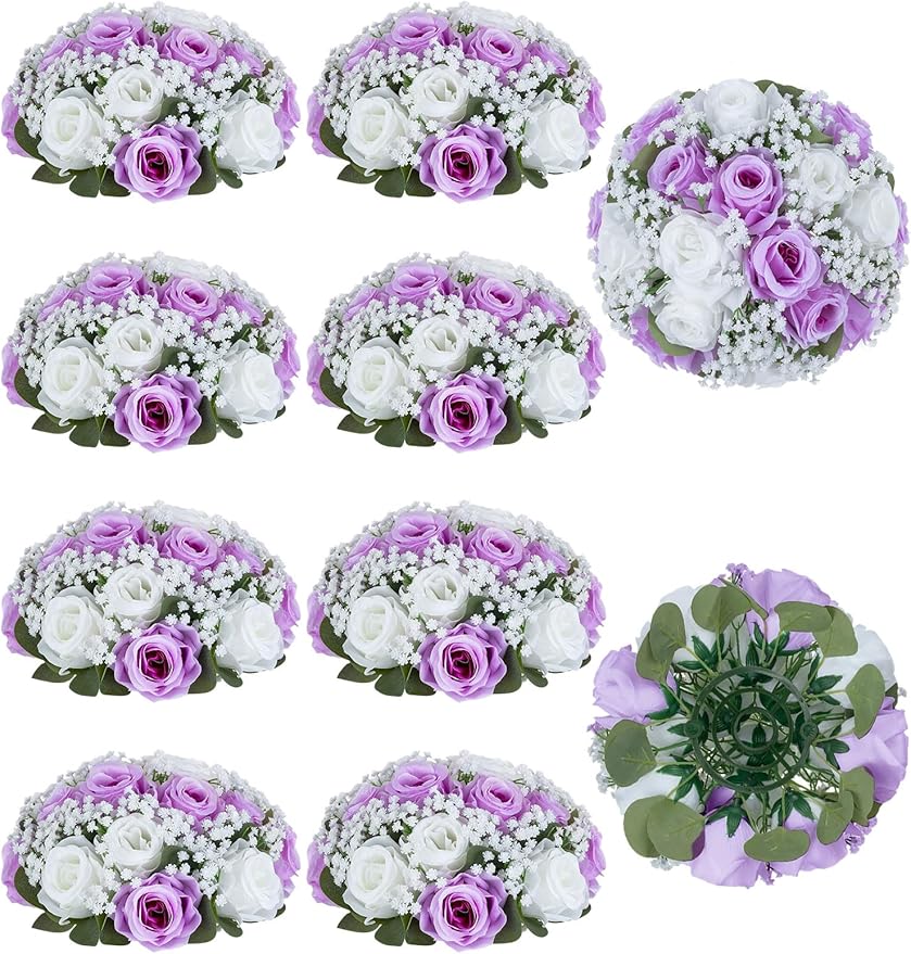 BLOSMON Fake Flowers Ball Wedding Centerpieces 10 Pcs Lilac Rose Babys Breath Artificial Flowers Center Pieces Decoration for Table Silk Kissing Floral Bouquet Arrangements for Home Party DIY Decor