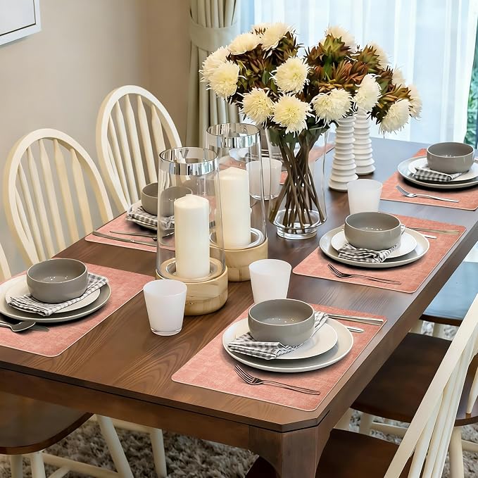 Maxpearl Faux Leather Placemats Set of 6 - Waterproof - Wipe Clean - Heat Resistant - Anti Slip Dining Table Place Mats, Suitable for Indoor & Outdoor Use, 17’’×12’’, Pink