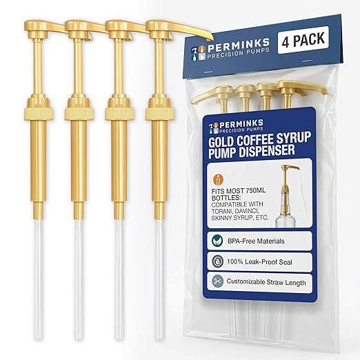 PERMINKS Premium Coffee Syrup Pump Dispenser, Fits 750ml Torani, Skinny & Davinci Bottles, Precise 1/4 oz Flow, Lockable Leak-Proof Design for Coffee Bar Accessories & Essential (4-Pack, Gold)