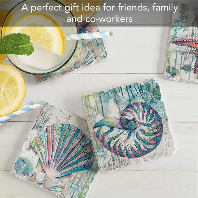 Thirstystone Jewels of The Sea 4 Pack Assorted Tumbled Tile Stone Coasters with Protective Cork Backing Manufactured in The USA Absorbent Easily Wipes Clean