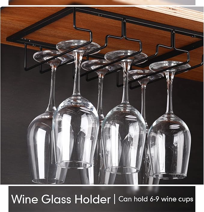 Potchen 4 Pack Wine Glass Holder Under Cabinet, Hanging Wine Glass Rack 3 Rows Stemware Rack Black Wine Glass Holder Shelf Wine Glass Storage Metal Organizer for Cabinet Kitchen Bar