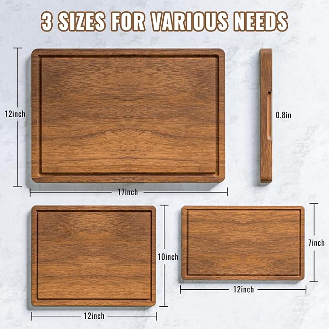 Acacia Wood Cutting Boards Set of 3 for Kitchen, Large Wooden Cutting Board with Juice Groove, Charcuterie Board, Chopping Board for Meat, Cheese, Fruits(17x12, 12x10, 12x7 inch)