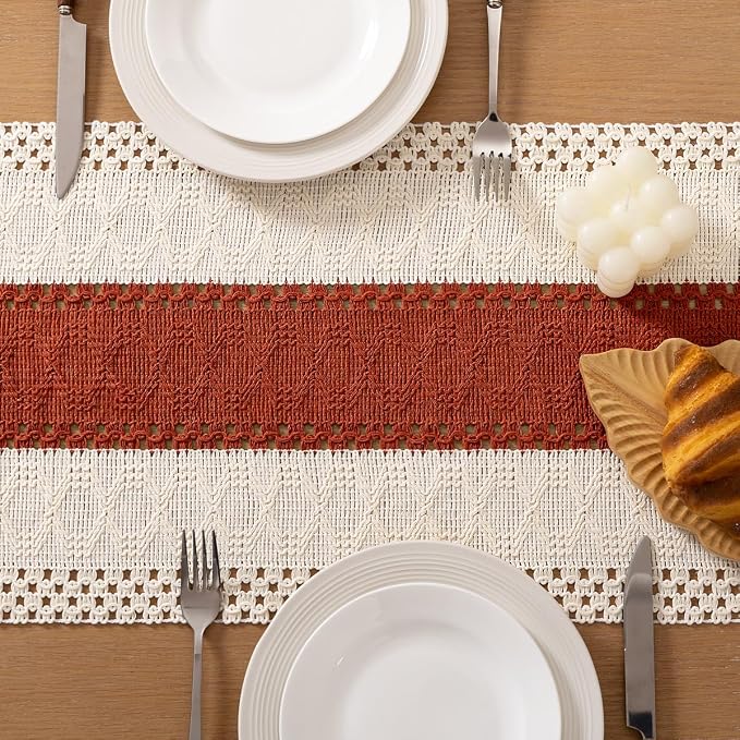 Socomi Boho Table Runner Summer Farmhouse Woven Cotton Linen Rustic Table Runner with Tassels for Dresser Scarf Home Decor Dining Room 12x90 inch Terracotta Ivory