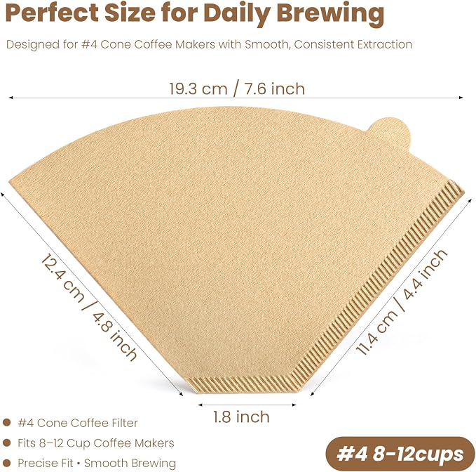 200 Count #4 Cone Coffee Filters, Unbleached Natural Paper Coffee Filters for 8–12 Cup Coffee Makers, Disposable #4 Cone Filters Compatible with Ninja Cuisinart, Drip Coffee Maker & Pour Over Brewers
