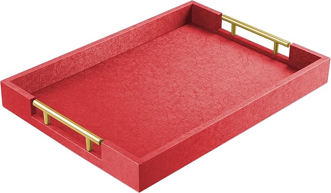 ATZYmolin 17"" x 12"" Wood Serving Tray with Gold Polished Metal Handles, Home Decorative Wooden Rectangle Ottoman Leather Decor Platter Bathroom Vanity Tray for All Occasions Red