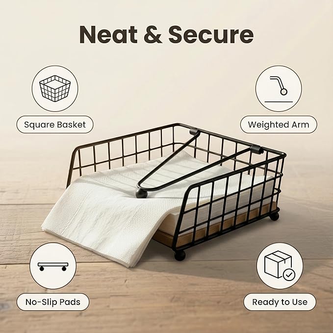 Napkin Holder for Table, Farmhouse Wooden Napkin Holder with Weighted Arm Iron Ball, Vintage Decor for Kitchen Countertop Bar Restaurant Indoor Home (Black Iron with Wood)