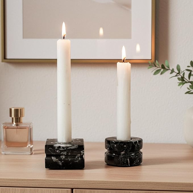 Marble Candle Holder Set of 3, Handmade Zebra Black Stone Candlestick Holders, Minimalist Taper Candle Stand, Decorative Table Decor for Living Room & Dining, Centerpiece, Housewarming & Wedding Gift