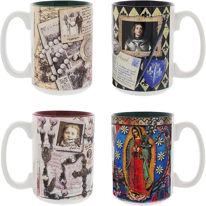 Female Saints Set of 4 Mugs | Catholic Coffee Gift Set | Inspirational Catholic Gifts for Women & Girls | Featuring St. Joan of Arc, St. Thérèse, St. Teresa of Avila & St. Gianna