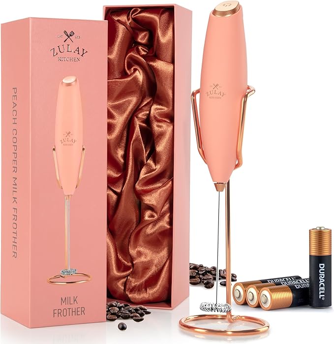 Zulay Kitchen Powerful Milk Frother Wand With Duracell Batteries - Ultra Fast Handheld Drink Mixer - Electric Whisk Foam Maker for Coffee, Lattes, Cappuccino & Matcha - Z1 Motor - Exec Peach Copper