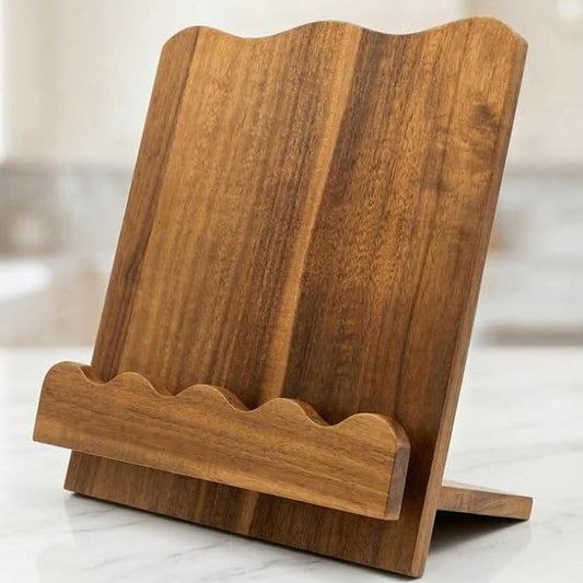 Beautiful Wooden Cookbook Stand for Your Kitchen Counter – Solid Wood Scalloped Book Holder Keeps Cookbooks & Tablets Open, Stable 2-Piece Slot Design, Easy-Clean, Perfect for Everyday Cooking