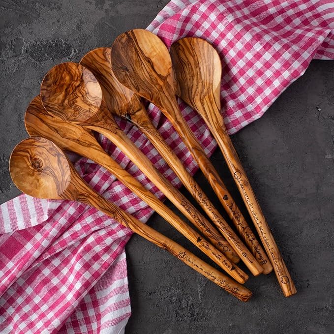 Forest Decor Engraved Personalized, Olive Wood Spoons, Personalized Cooking Gift for Grandma and Mom, Wooden Spoon Set, Cooking Trophy, 100% Natural and Handcrafted, Set of 2 Round Spoons
