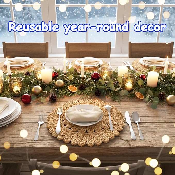 13.8" Set 4 Round Corn Husk Placemats | Boho Woven Rattan Table Mats | Natural Spring Farmhouse Plate Chargers | Handmade Rustic Wicker Place Mats for Christmas Wedding