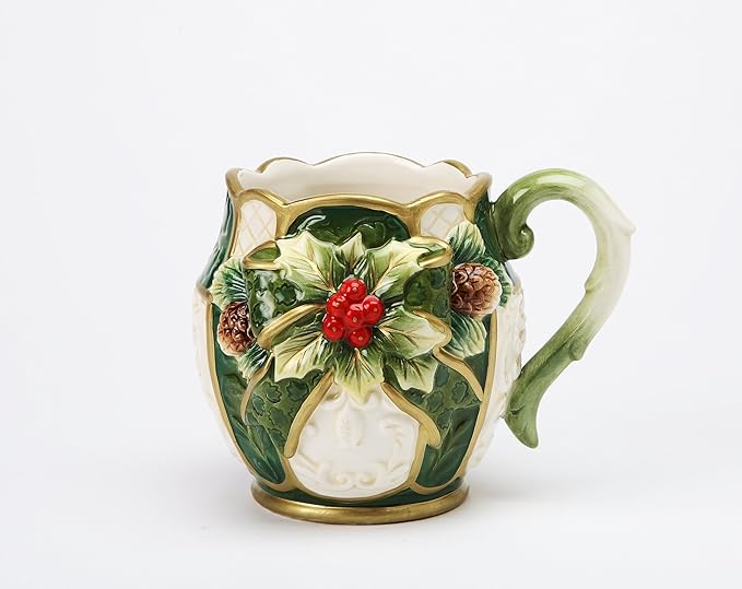 Cosmos Gifts 10305 Fine Ceramic Christmas Emerald Green Holly with Red Berry and Pine Cone Mug (4 Piece Set), 5.25" L