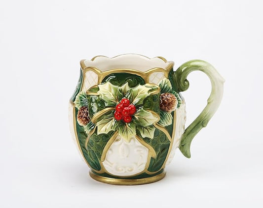 Cosmos Gifts 10305 Fine Ceramic Christmas Emerald Green Holly with Red Berry and Pine Cone Mug (4 Piece Set), 5.25" L