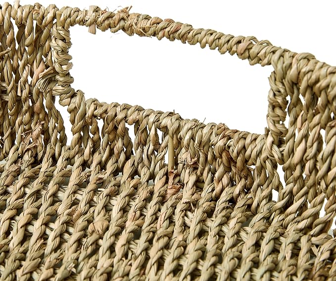 JS HANGER 13" Hand-Woven Round Rattan Serving Tray Decorative Wicker Trays with Built-in Handles for Coffee Table, Natrual Grass Storage Tray