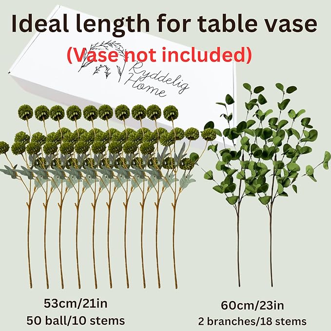 Green Flowers Artificial 10 Long Stems & 2pcs Eucalyptus Branches For Vase, Faux Silk Mum Greenery Arrangement, Realistic Fake Flowers, Green Centerpieces For Tables, Real Touch Floral Stems