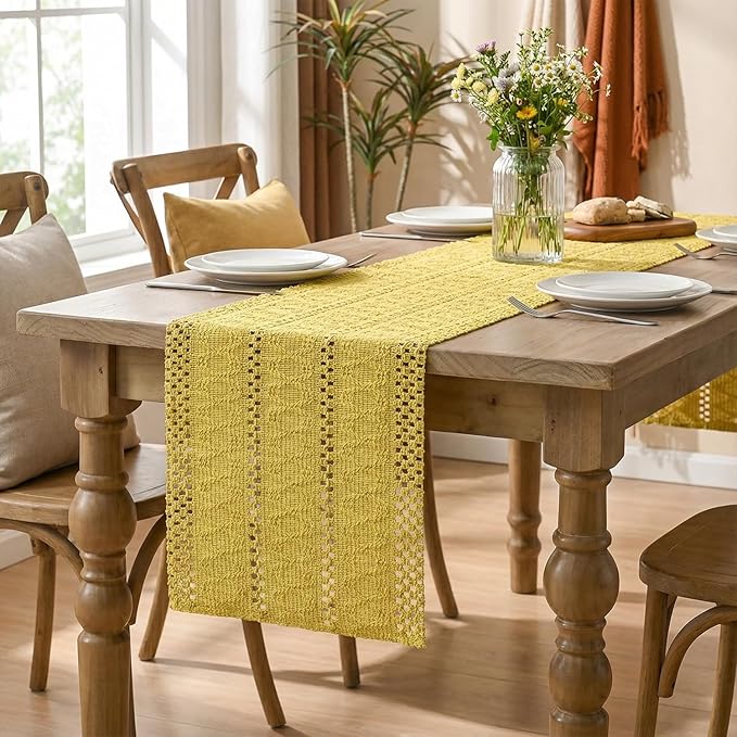Artoid Mode Yellow Farmhouse Woven Rustic Hollow Table Runner, Seasonal Holiday Hollow Kitchen Dining Table Decoration for Home Party Decor 12x120 Inch