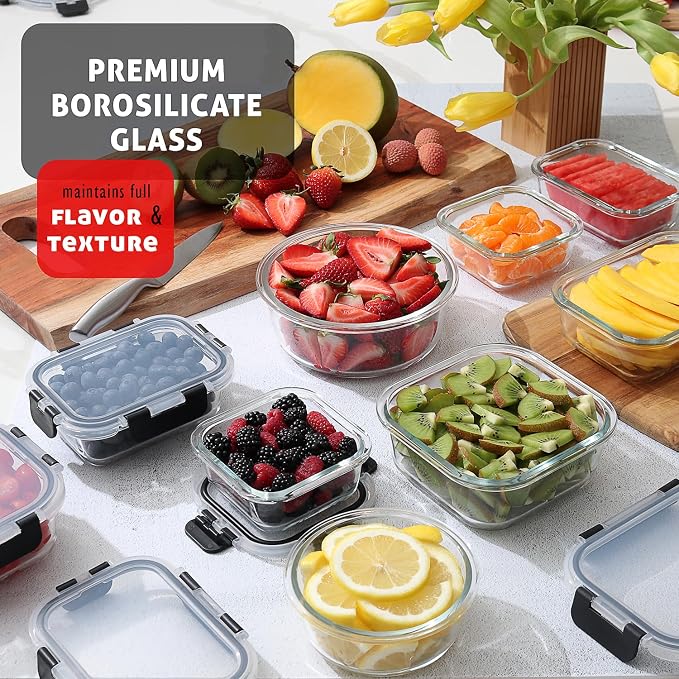 EATEX 16pc Glass Food Storage Containers with Lids, Airtight Glass Meal Prep Containers, 8 Reusable Food Containers with 8 Leakproof Snap Lock Lids, Oven Microwave Freezer Safe Lunch