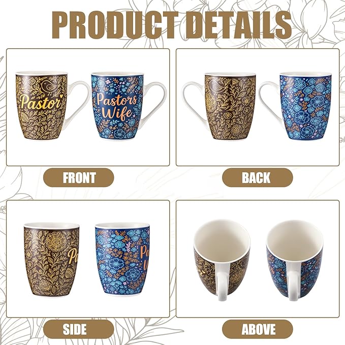 Shellwei 2 Sets Pastor and Wife Appreciation Gifts Stoneware Coffee Mugs with Gift Box Golden Coffee Spoons Pastor Gifts for Men Women Thanksgiving Christmas Christian Present (Fresh)