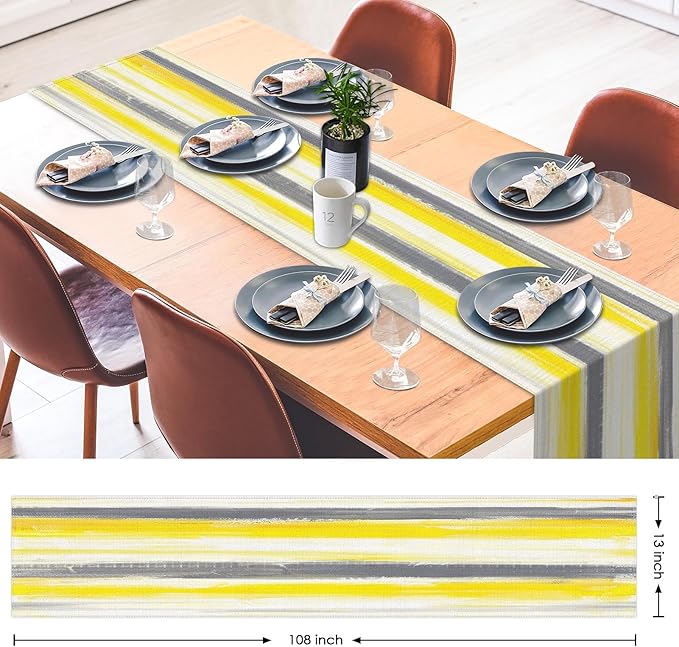 Emvency Yellow Abstract Table Runner, Modern Grey White Striped Dining Decor for Kitchen Coffee Table Family Dinners Holiday Parties Wedding Events Decor(13x72 inch)