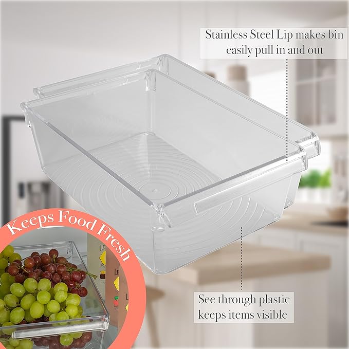 Kitchen Details 2 count Large Refrigerator Storage Bin, Fridge & Freezer, Kitchen Organization, Stainless Steel Handle, Countertop, Cabinets, Pantry, Clear (Pack of 6)