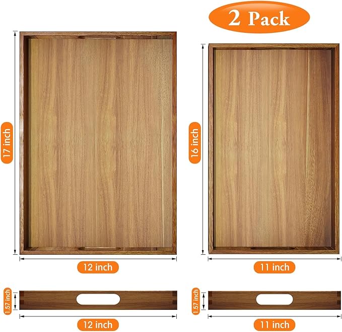 Serving Trays - 2 Pack, Acacia Wood Serving Platters with Ergonomic Handles, Versatile Rustic Decorative Trays for Breakfast, Brunch, Dinner, Coffee Table, Party, Kitchen-L