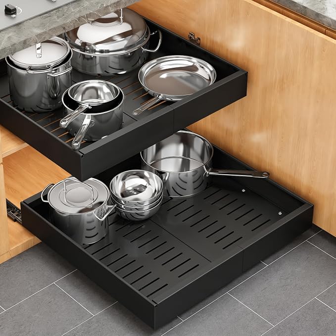 Pull out Cabinet Organizer, 1 pack, 20.5" Deep Heavy Slide out Drawers, Upgrade Three Triple-Slide Rail Systems, Expandable 12.8"-20.8" Roll out Shelf Storage for Kitchen Base Cabinet Organization
