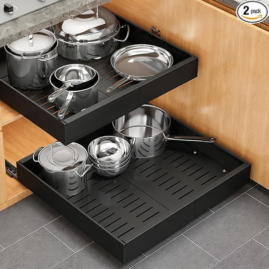 Pull out Cabinet Organizer, 2 pack, 20.5" Deep Heavy Slide out Drawers, Upgrade Three Triple-Slide Rail Systems, Expandable 12.8"-20.8" Roll out Shelf Storage for Kitchen Base Cabinet Organization