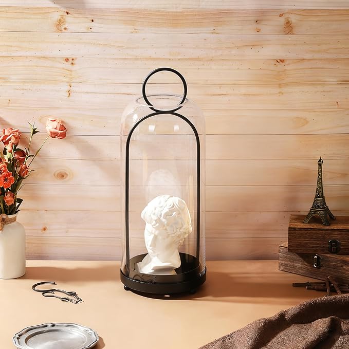 16" High Versatile Modern Metal Hurricane Lantern with Handmade Sturdy Glass Dome in Black for Pillar Candle & Plants, Industrial, Farmhouse, Shabby Chic (Black, 6.3:x16.5)