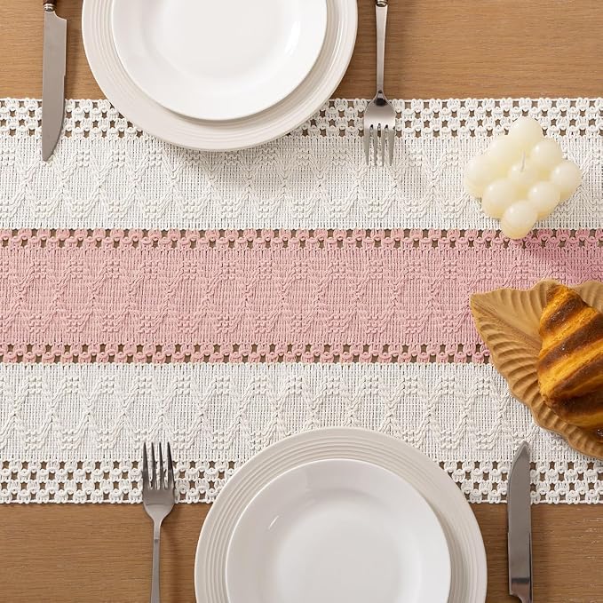 Socomi Boho Table Runner Summer Farmhouse Rustic Dining Kitchen Centerpiece Decor Small Macrame Woven Cotton Linen Coffee Table Runner for Dresser Scarf Home Decor 12x60 inPink Ivory