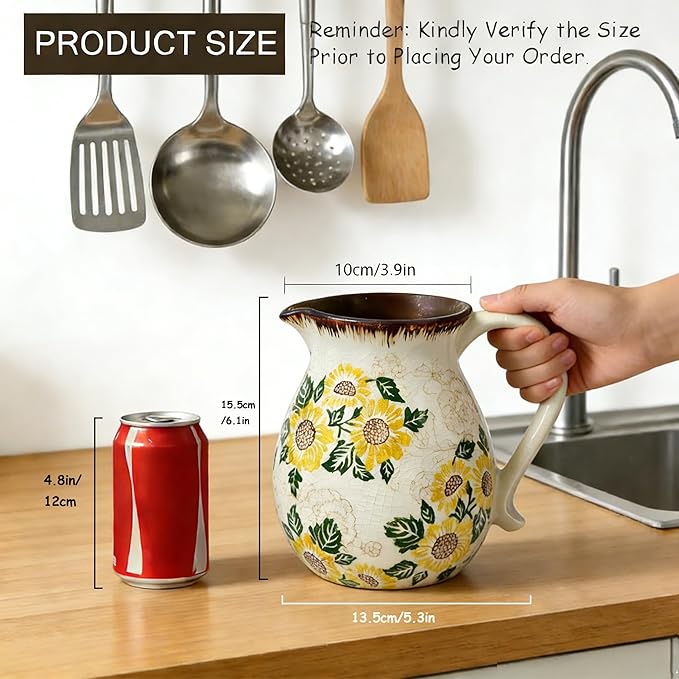 Ceramic Utensil Holder for Kitchen Counter, 6.1 Inch Modern Farmhouse Rustic Cooking Utensil Holder for Countertop Home Decor, Vintage Utensil Organizer Crock for Cooking & Spoon Tools (Sunflower)