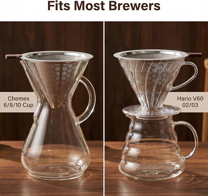 Upgrade Reusable Pour Over Coffee Filter for Chemex & Hario V60, Double Layer Fine Mesh Stainless Steel, Cone Coffee Filter 3.46inch height, 4-10 Cup Coffee Makers, Eco-Friendly Coffee Strainer
