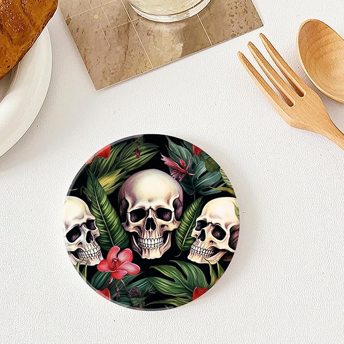 Tropical Plants Flower Floral Skull Multicolor Set of 4 Ceramic Coasters with Holder,Absorbent Drink Bar Coasters,Table Coasters