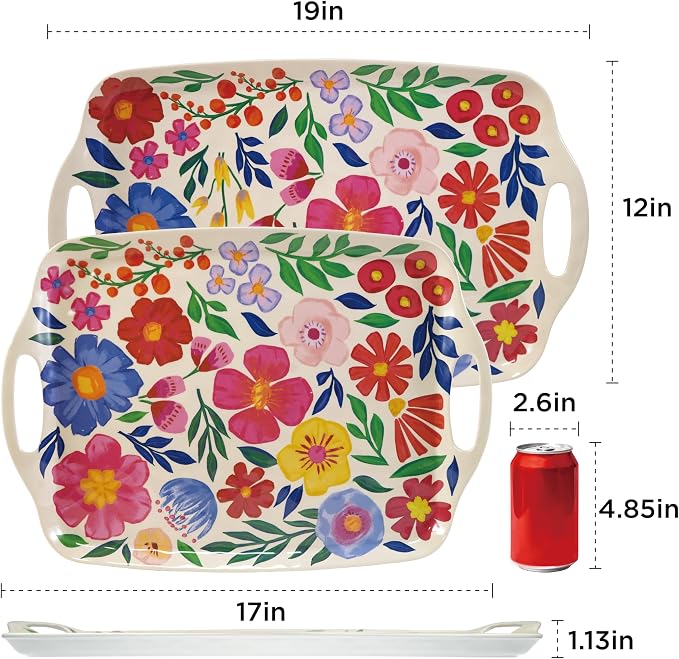 TP Large Serving Trays with Handles, 19" x 12" Melamine Serving Platters for Food, Turkey, Set of 2 Rectangular Trays for Party, Floral