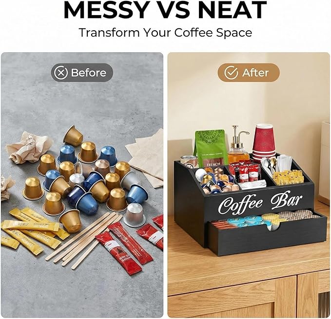 Coffee Station Organizer - Double Layer with Drawers, Country Style Coffee Bar Organizer, Farmhouse Coffee Capsule Storage Basket, Natural Solid Wood Material(Black Double Layer)