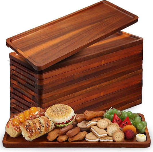 Skylety 15 Pack Solid Wood Serving Tray Large Acacia Party Server Platter Rectangular Charcuterie Board with Grooved Handle for Home kitchen Cheese Appetizer Farmhouse Table Supplies (16.7 x 6.4 Inch)