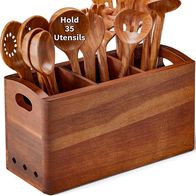 Natural Acacia Wood Utensil Holder for Kitchen Counter (Large), 3 Compartment with Removable Dividers 11.7"x7.1"x4.5", Large Cooking Utensil Organizer - Anti-Scratch Bottom