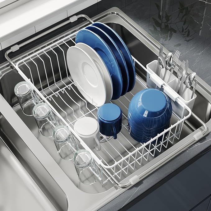 JASIWAY White in Sink Dish Drying Rack, Expandable Stainless Steel Small Dish Rack Over Kitchen Sink, Plate Drainer Strainer with Utensil Holder & Cup Holders, Counter Space Saving Wire Dryer Rack