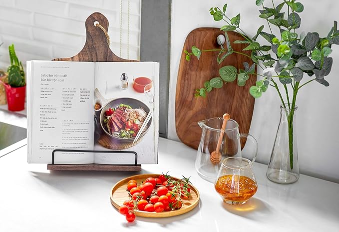 FANATU Cookbook Stand, Rustic Wood Cookbook Holder Cutting Board Style, Adjustable Recipe Ipad Tablet Book Holder and Stand for Kitchen with Anti-Slip Kickstand (Dark Brown)