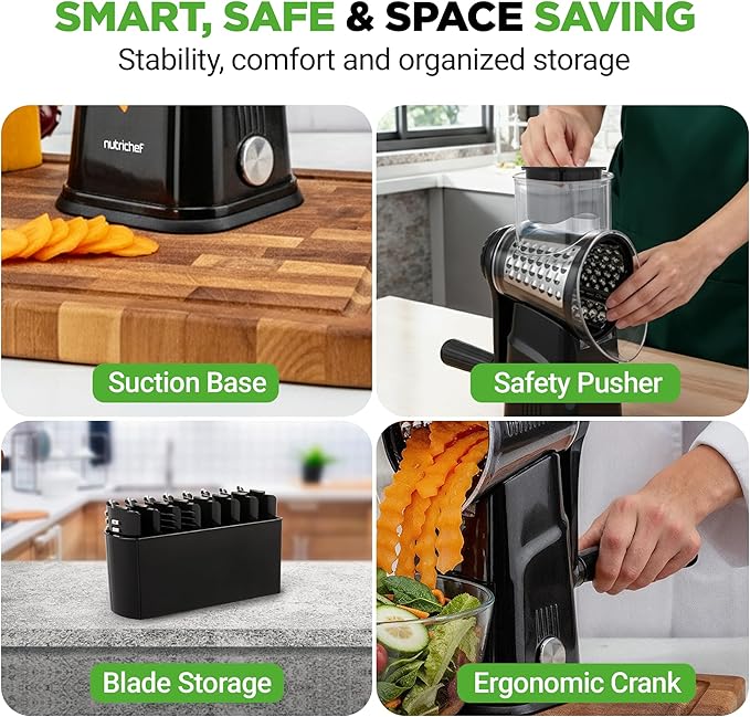 NutriChef 5 in 1 Cheese Grater & Shredder | 5 Different Blades for Thin, Thick, Julienne Strips, Wavy, & Straight Strips | Includes Hand Crank, Strong Suction Base & Storage Container | Black