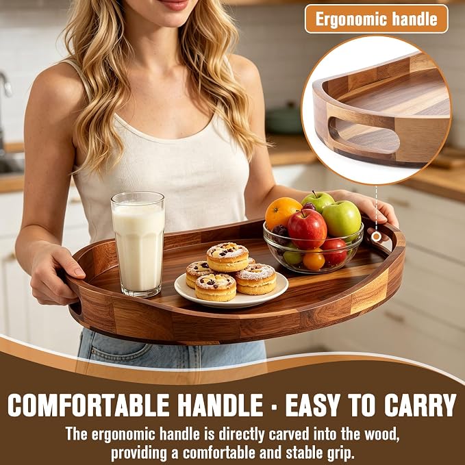 Acacia Wood Serving Tray 17"x13" Oval – Large Ottoman Tray with Handles for Coffee Table Decor, Living Room, Breakfast in Bed, Candle Display – Walnut Finish