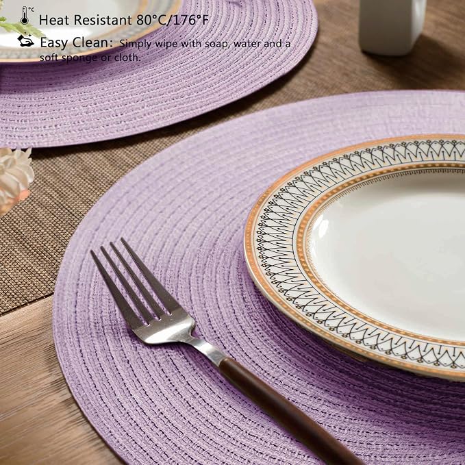 FunWheat Round Braided Placemats Set of 6 Place mats for Dining Tables Woven Heat Resistant Table Mats 15 inch (Light Purple,6pcs)