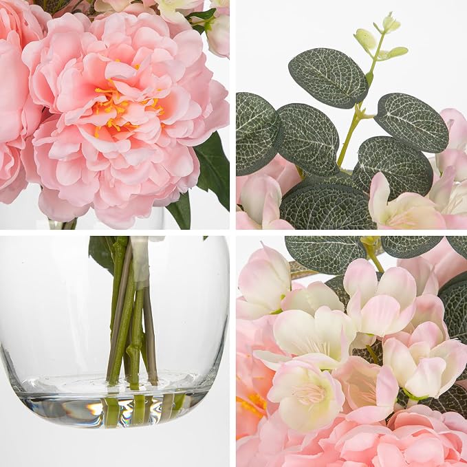 Hollyone Pink Peonies Artificial Flowers Peony Fake Flowers in Vase Silk Flower Arrangements with Glass Vase with Faux Water for Home Decor Bathroom Coffee Table Centerpiece Shelf Decorations
