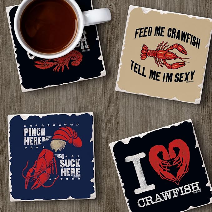 Thirstystone Crawfish Love 4 Pack Assorted Tumbled Tile Stone Coasters with Protective Cork Backing Manufactured in The USA Absorbent Easily Wipes Clean